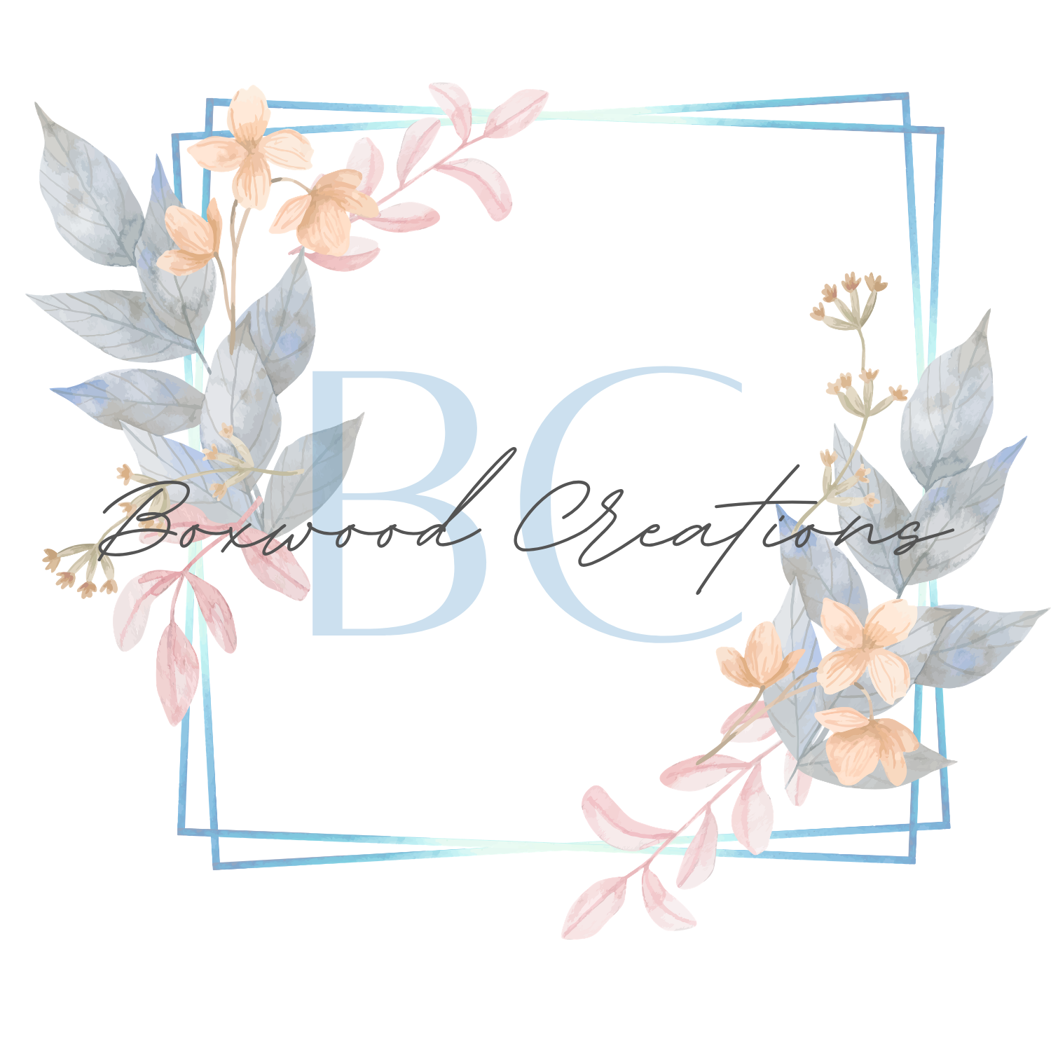Boxwood Creations FL — watercolor BC monogram wreathed in flowers and leaves